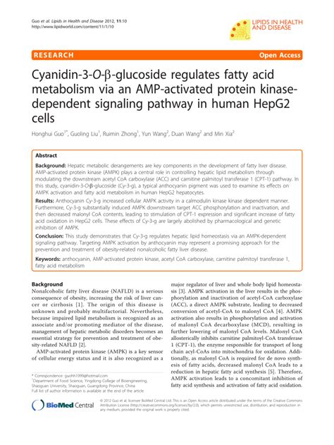 PDF Cyanidin 3 O Glucoside Regulates Fatty Acid Metabolism Via An