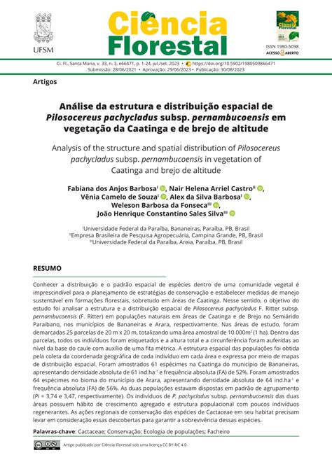 Pdf An Lise Da Estrutura E Distribui O Espacial De Pilosocereus