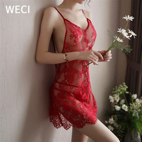 WECI Sexy Pyjamas Straps Lace Lingerie Sleeping Mini Dress Hot Silk