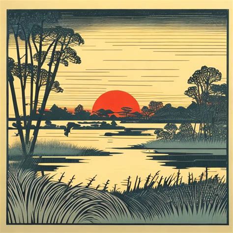 Traditional Woodblock Print Of Marshland At Sunset