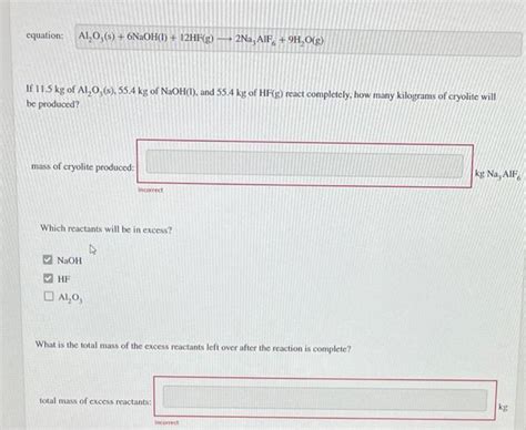 Solved equation: Al2O3( s)+6NaOH(l)+12HF(g) 2Na3AlF6+9H2O(g) | Chegg.com