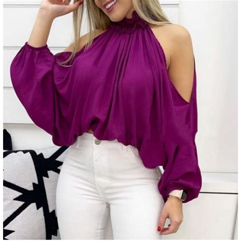 Blusa Cropped Manga Longa Ombro Cavado Gola Alta Shopee Brasil