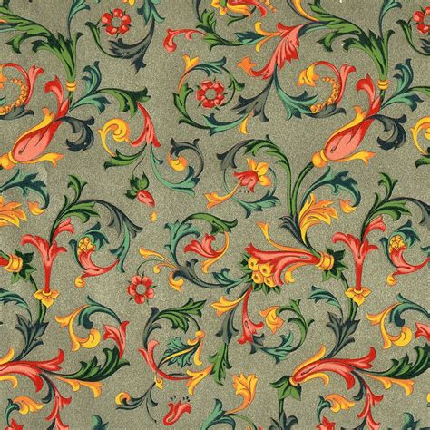 An Old Fashioned Wallpaper With Colorful Flowers And Leaves On Grey