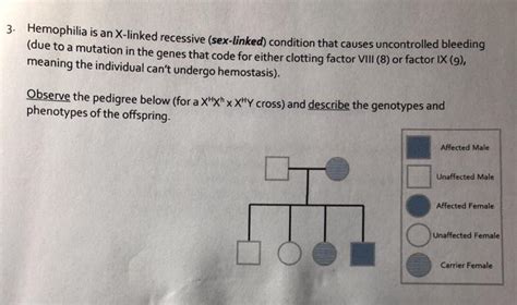 Solved 3 Hemophilia Is An X Linked Recessive Sex Linked