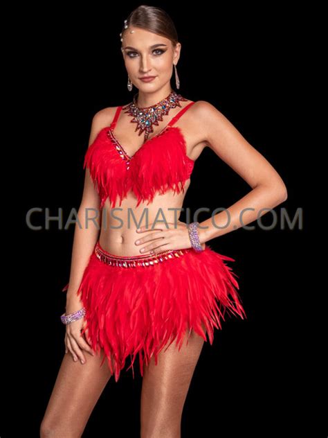 Fiery Red Samba Dancers Feather Bra And Skirt Set