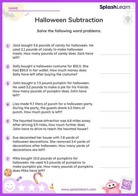 Subtract Decimal Numbers With Decimal Place Halloween Word Problems