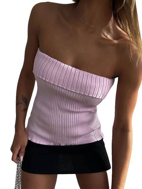 Tffr Women Off Shoulder Crop Tops Solid Color Knitted Ribbed Sleeveless