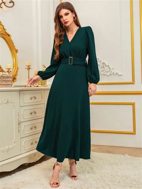 Surplice Neck Lantern Sleeve Belted Dress Belted Dress Dresses