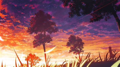 anime, purple, landscape, trees, orange, HD Wallpaper | Rare Gallery