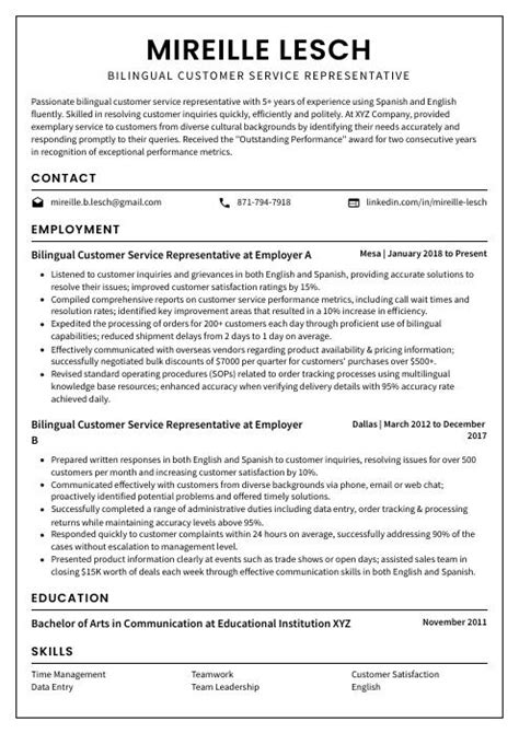 Bilingual Customer Service Representative Resume Cv Example And