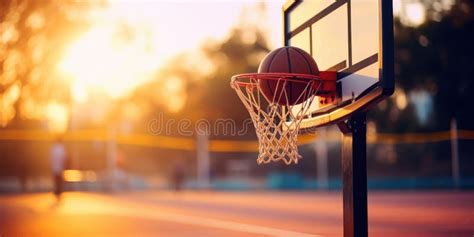 Basketball Scoring a Goal at Sunset with Warm Backlight on Outdoor ...