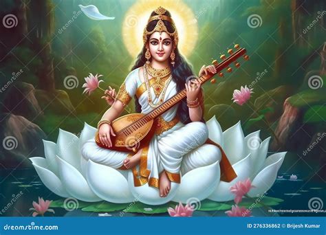 Hindu Goddeshindu Goddess Saraswati Sitting On The Large White Lotus In