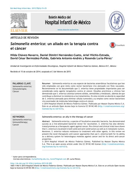 Pdf Salmonella Enterica Un Aliado En La Terapia Contra El Cáncer