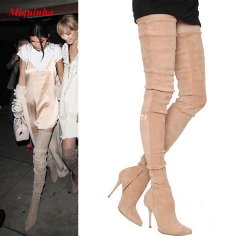 Beige Suede Thigh High Boots 2017 Crazy Slim Legs Long Boots Stretch