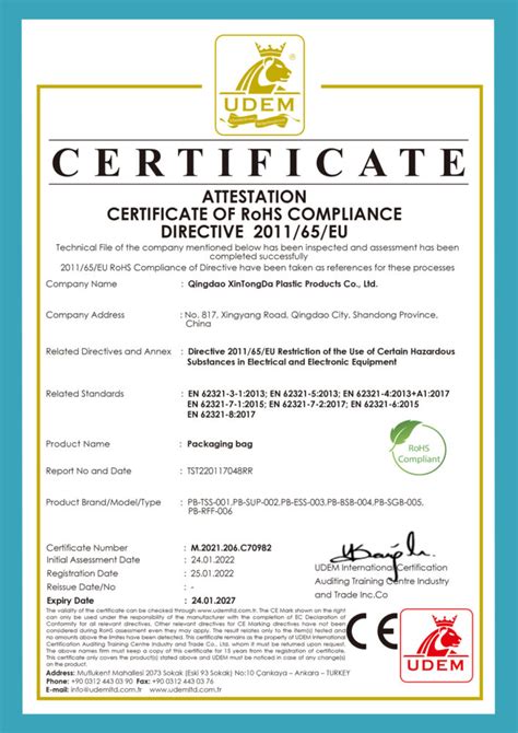 Certificate Of Rohs Compliance Xintongdapackaging