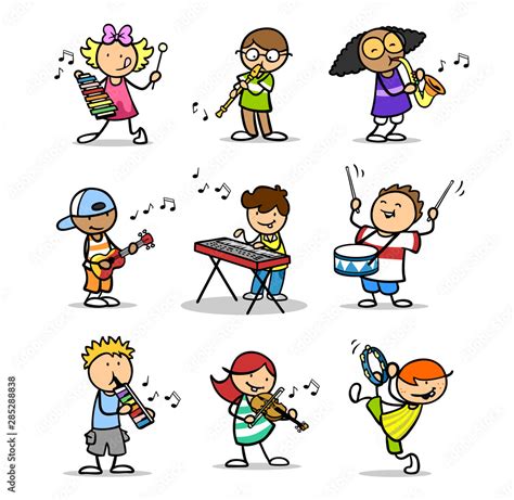 Kinder Lernen Musikinstrumente In Musikschule Stock Illustration