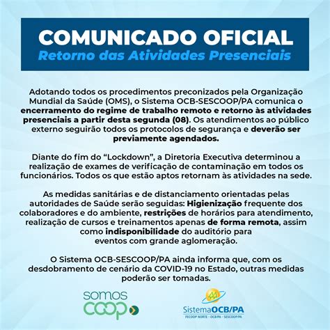 Sistema OCB PA COMUNICADO OFICIAL Retorno De Atendimento Presencial