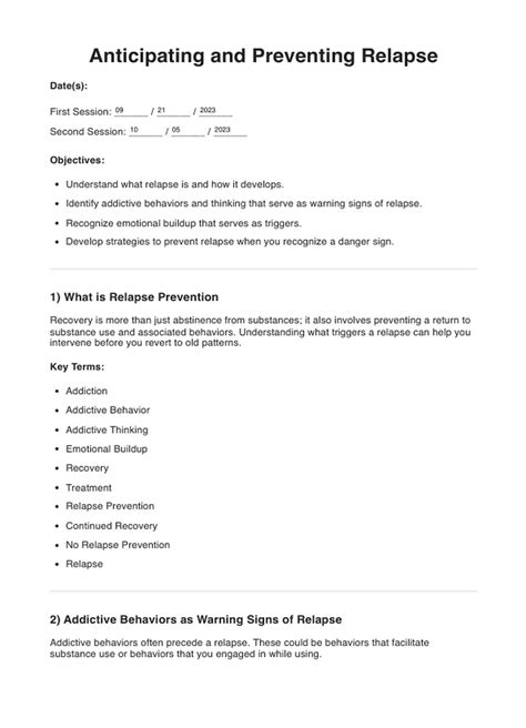 Anticipating And Preventing Relapse Cbt Worksheet And Example Free Pdf