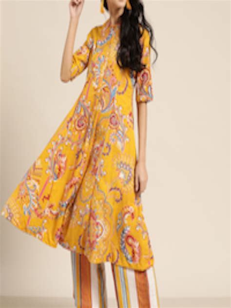 Buy Sangria Women Mustard Yellow Pure Cotton Printed Panelled Kurta With Palazzos Kurta Sets