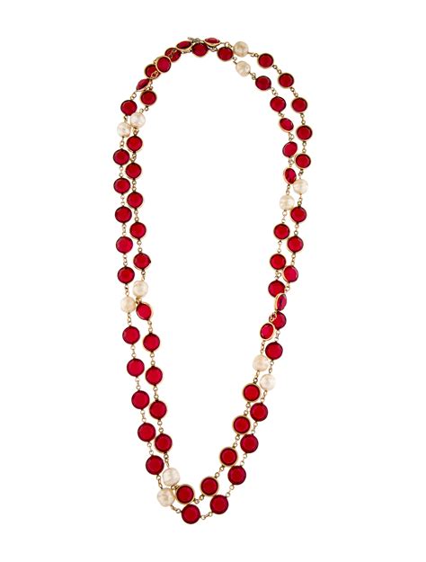 Chanel Faux Pearl Resin Enamel Strand Necklace Gold Tone Metal