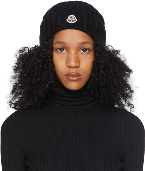 Moncler Black Wool Rib Knit Logo Beanie Ssense Canada