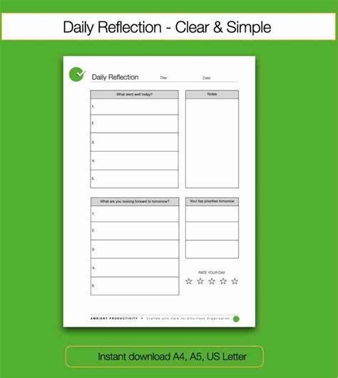 Daily Reflection Template Clear Design Instantly Printable Three Sizes