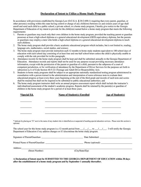 Declaration Of Intent To Homeschool Ga Fill Online Printable