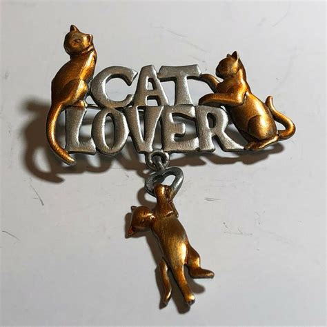 Vintage Jj Jonette Cat Lover Dangle Kitty Pewter Orange Pin Brooch Jj