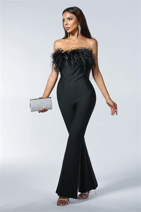 Black Ostrich Feather Flared Leg Jumpsuit Elegant Evening Wear