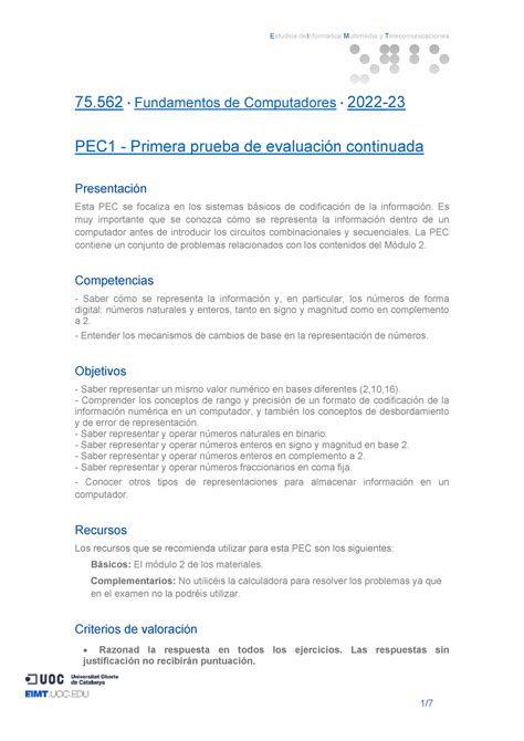 Pec Soluci N Pdf Fundamentos De Computadores