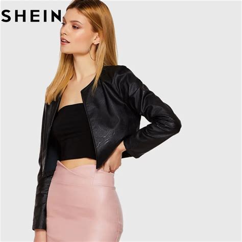 Shein Womens Black Rock Pu Leather Short Jacket Spring Fall 2018 Fashion Moto Biker Solid Long