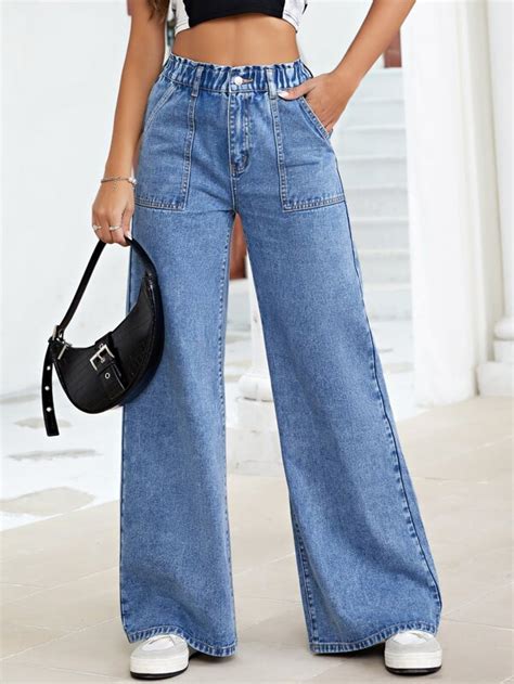 Shein Jeans Con Bolsillo Oblicuo De Pierna Ancha Moda De Mujer