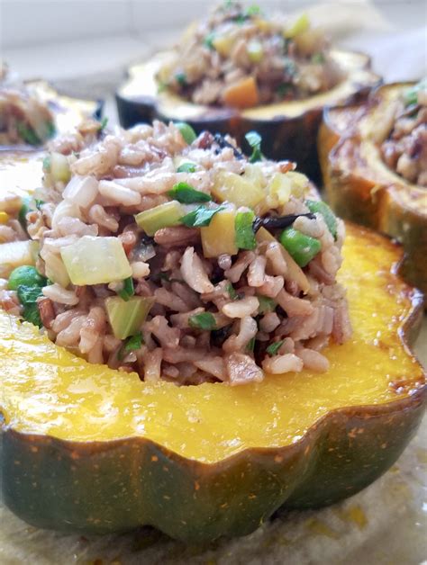 Stuffed Acorn Squash With Wild Rice Apples And Walnuts Ugly Vegan Kitchen