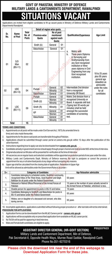 Military Lands And Cantonments Department Rawalpindi Jobs 2024 March Application Form Clerks