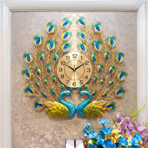 Double Peacock Wall Clock Home Decor Metal Wall Watch Living Room