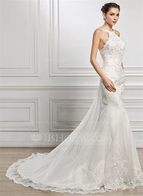 Trumpet Mermaid Scoop Neck Chapel Train Tulle Lace Wedding Dress With