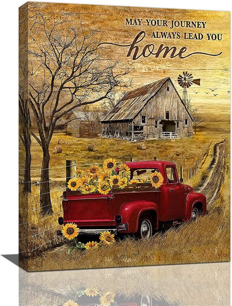 Farmhouse Truck Wall Art Rustic Red Truck Sunflower Pictures Wall Decor Country Old Barn