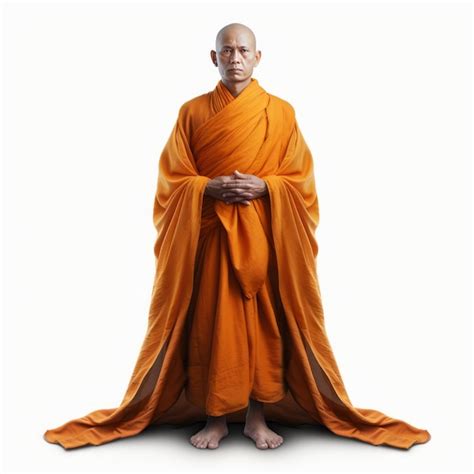 Buddhist Monk In Orange Robe Isolated On White Background With Clipping