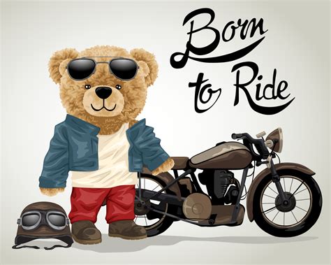 Hand Drawn Vector Illustration Of Teddy Bear In Biker Costume With