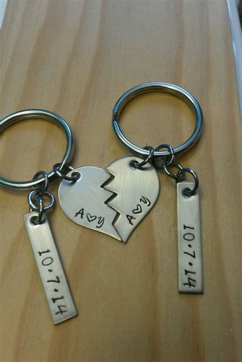 Hand Stamped Personalized Split Heart Keychain Couples Etsy