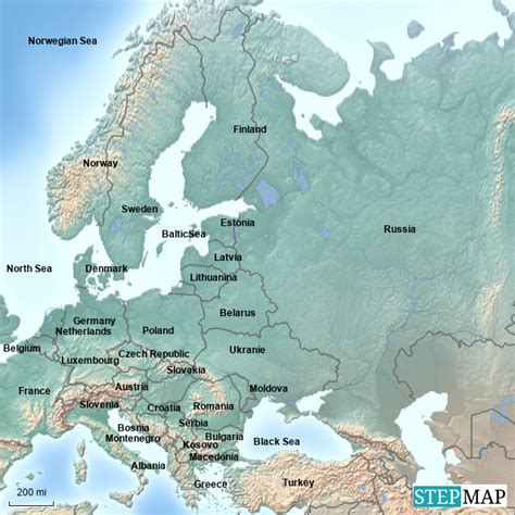 StepMap Countries and bodies of water in Europe Landkarte für Germany