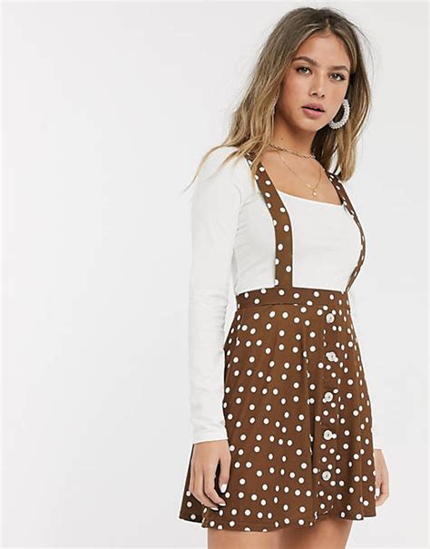 Asos Design Button Front Mini Pinafore Skirt In Brown Spot Print Asos