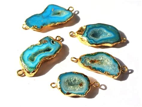 Pcs Kt Gold Electroplated Edge Turquoise Blue Druzy Agate