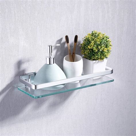 Kes Aluminum Bathroom Glass Shelf Tempered Glass Rectangular 1 Tier Extra Thick Silver Sand