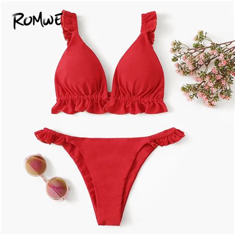 Romwe Sport Red Women Ruffle Trim Sexy Thong Bikini Sets Lace Up Back