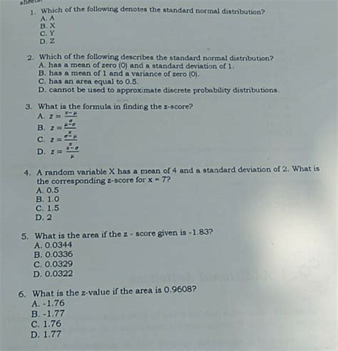 Solved Sheet Which Of The Following Denotes The Standard Normal