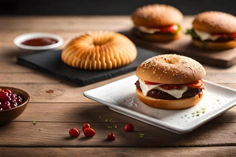 Premium Photo | A burger with a sesame seed bun on a plate