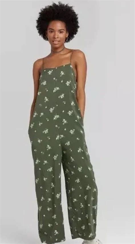 Wild Fable Size Xxl Jumpsuit Olive Green Floral Print Sleeveless Jumper