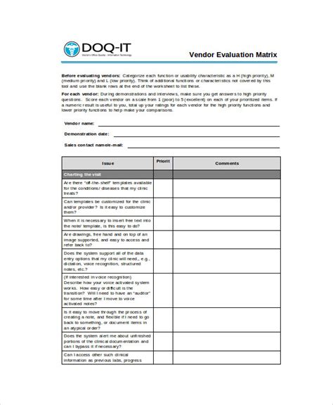 Free Sample Vendor Evaluation Forms In Ms Word Pdf