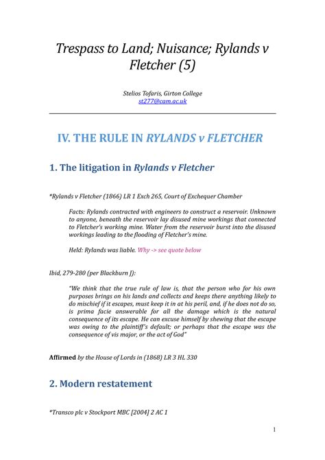 Trespass To Land Nuisance Rylands V Fletcher 5 Handout Tofaris